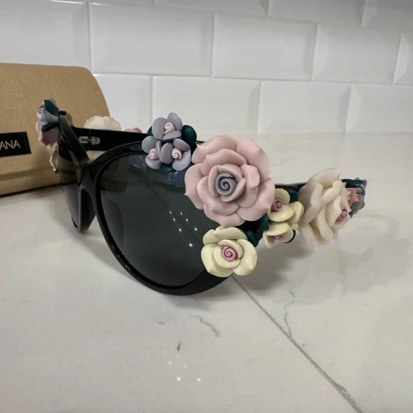 Dolce & Gabbana Floral Embellished Black Sunglasses - Picture 3 of 10